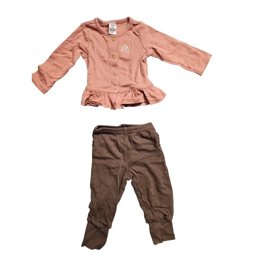 Carters Baby Girl 6M Pink Ribbed Peplum Top and Brown Ruffle Leggings Set